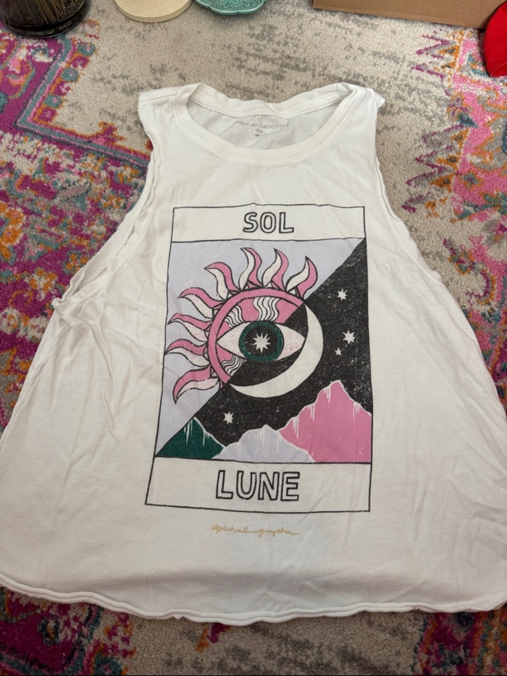 Spiritual Gangster White Sol Lune Graphic Tank with Pink & Green Artwork